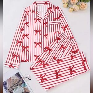 💋Girly💋Red Striped & Bow Long Sleeve Pant Comfy Cozy Loungewear Set